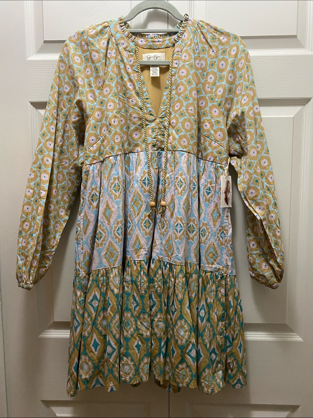 NWT Jessica Simpson Teal & White Patterned Tiered Mini Dress Size M 100% Cotton - Picture 1 of 8